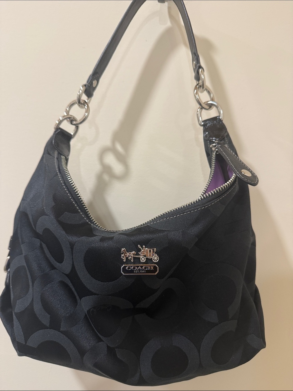 Coach Black Signature Jacquard Hobo with Silver Accents